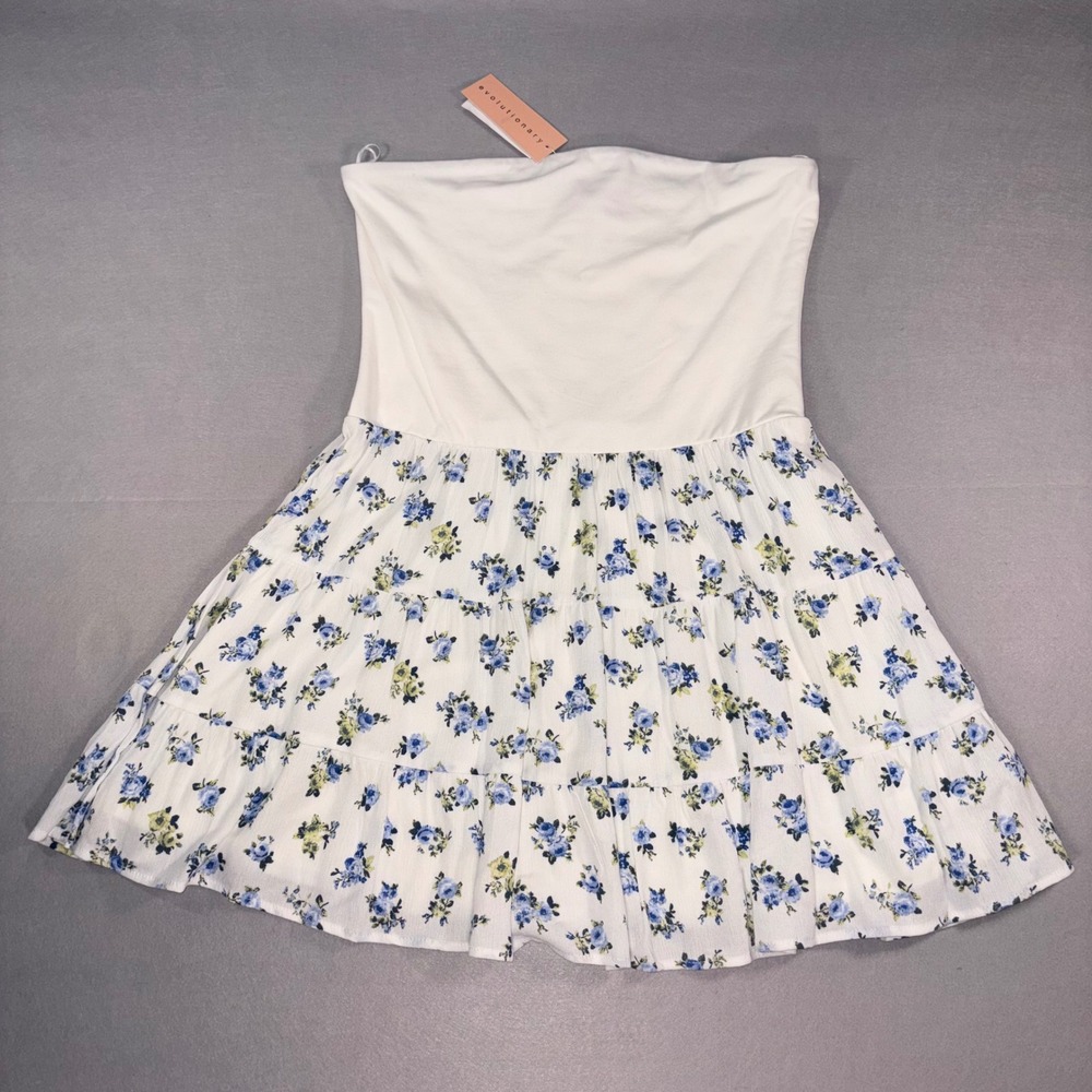 Evolutionary Womens Strapless Floral Tiered Mini Dress White Blue XL 700EQ929